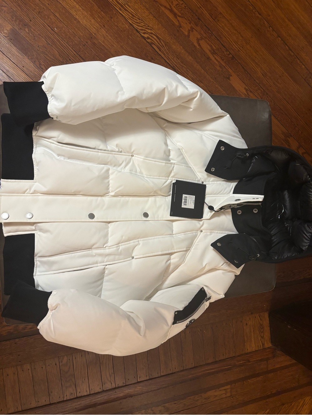 Moose Knuckles Women's White and Black Bomber Puffer Jacket